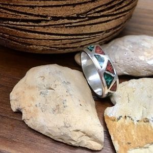 Vintage Turquoise and Coral Ring Band